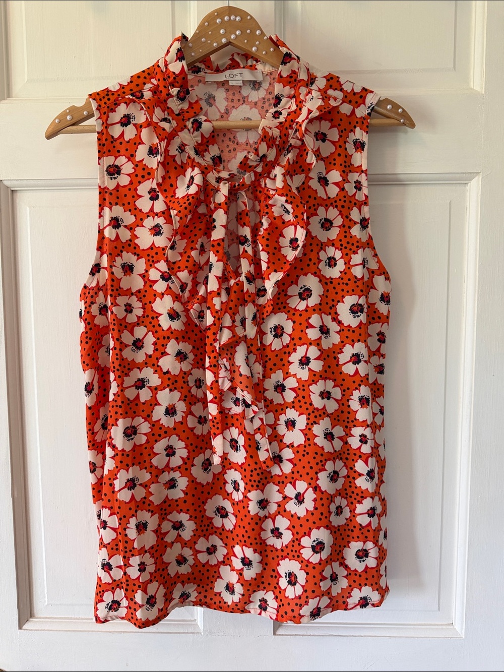 LOFT Orange Floral Tie-Neck Sleeveless Top